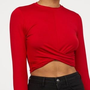 H&M Divided Red Long Sleeve Crop Top with Twist Detail